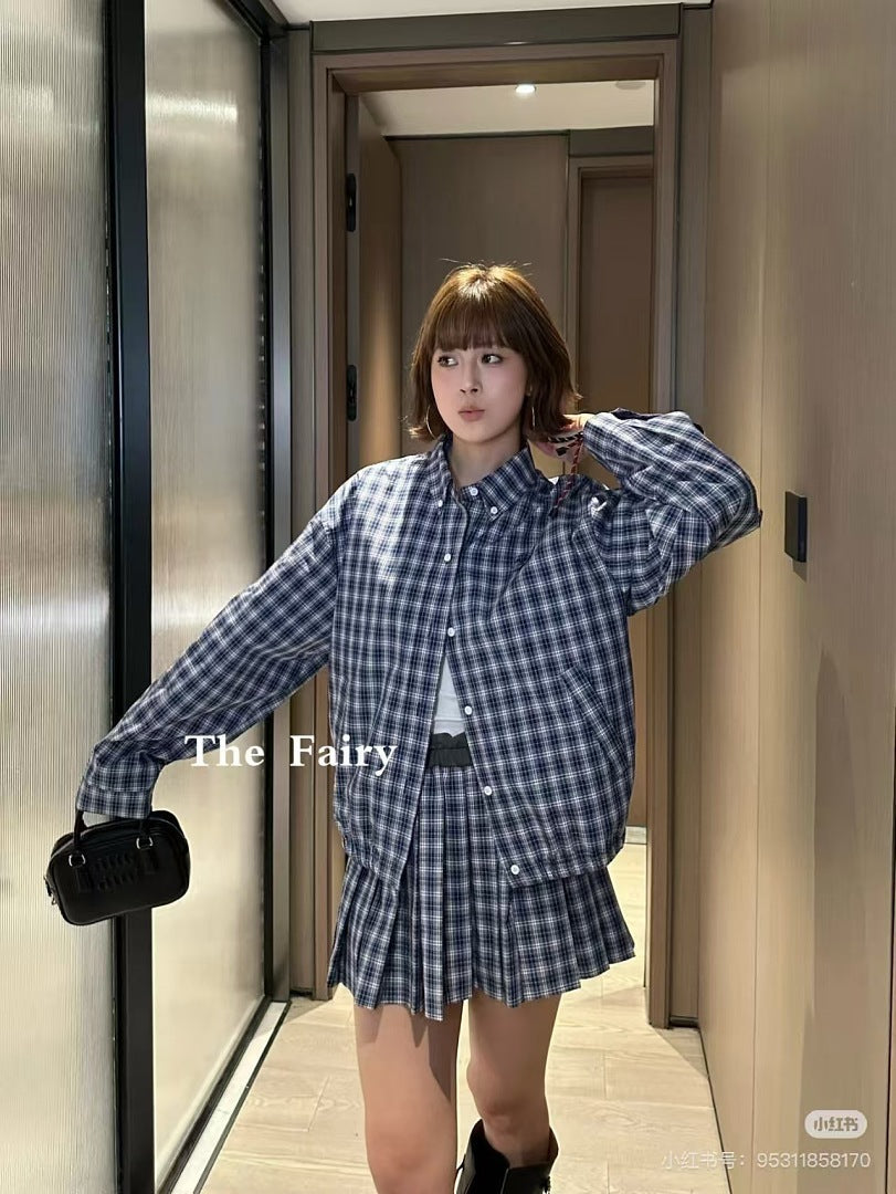 Miu Miu Plaid Check Shirt Jacket Navy Blue