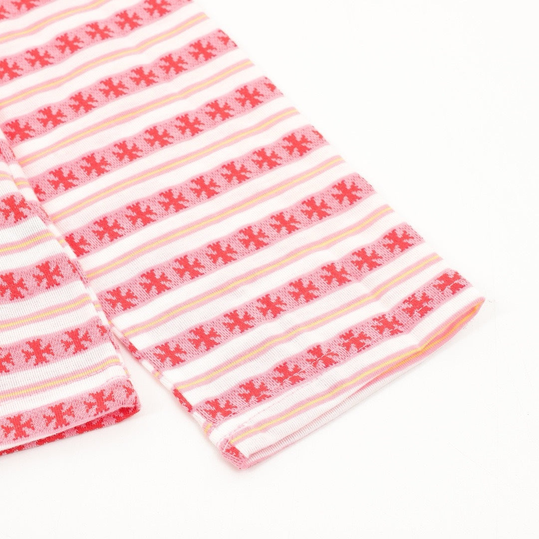 Chrome Hearts Cross Stripe Long-Sleeve Polo Shirt —Pink
