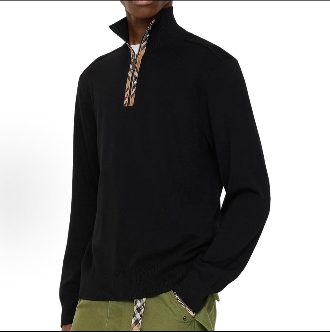 Burberry Vintage Check Half-Zip Knit Sweater — Black
