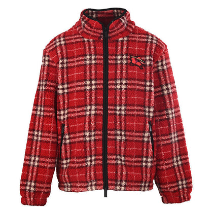 BURBERRY BBR Red Plaid Wool Blend Teddy Fleece Jacket