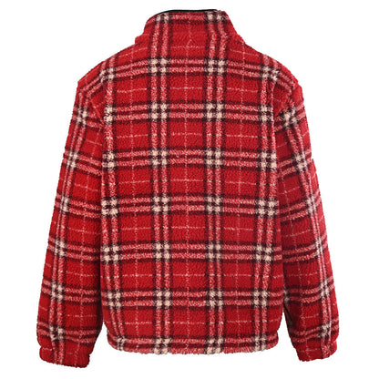 BURBERRY BBR Red Plaid Wool Blend Teddy Fleece Jacket