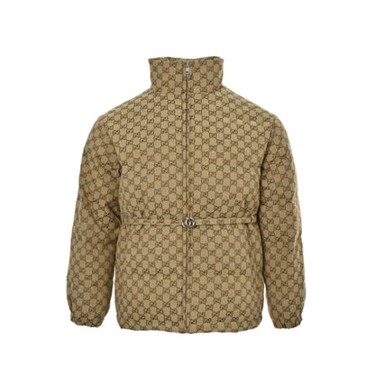 Gucci Beige GG Monogram Jacquard Padded Full-Zip Stand Collar Puffer Jacket