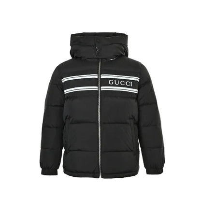 Gucci Black Down Puffer Hooded Jacket with Stripe Wordmark
