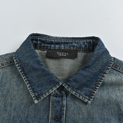 Gucci Mid-Blue Washed Denim Point Collar Overshirt