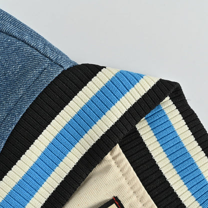 Gucci Blue Denim Varsity Jacket with Cream Leather Sleeves and Cherry Appliqué