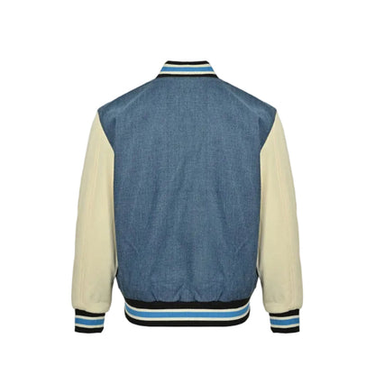 Gucci Blue Denim Varsity Jacket with Cream Leather Sleeves and Cherry Appliqué