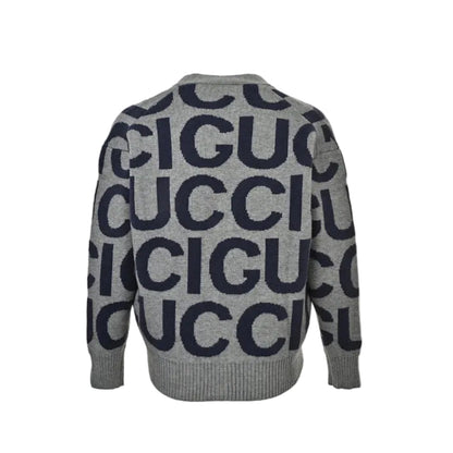 Gucci Grey Oversized Letter Jacquard V-Neck Knit Cardigan