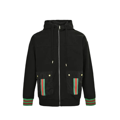 Gucci Black Hooded Full-Zip Jacket with Heritage Stripe Pockets and Cuffs