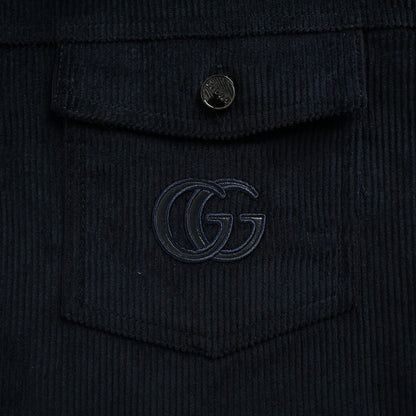 Gucci Navy Corduroy Leather Collar Quilted Jacket with Monogram Embroidery