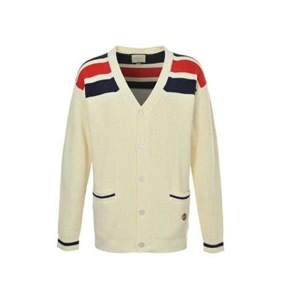 Gucci Ivory Cricket Stripe Knit V-Neck Cardigan with Navy Trim