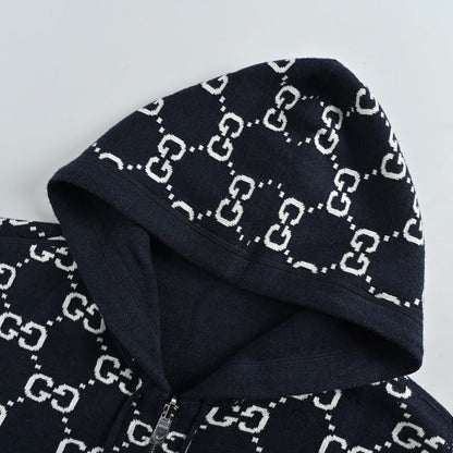 Gucci Navy All-Over Monogram Jacquard Knit Hooded Full-Zip Jacket