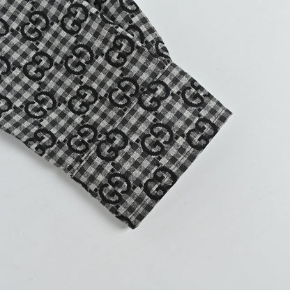 Gucci Black Gingham Monogram Print Point Collar Overshirt