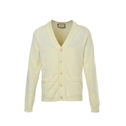 Gucci Ivory Fine Knit V-Neck Cardigan with Patch Pockets