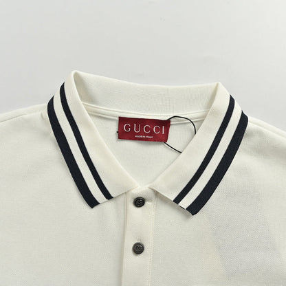 Gucci Ivory Long-Sleeve Polo with Collegiate Crest Graphic and Contrast Shoulder