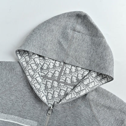 Dior Oblique Reversible Hooded Zip Jacket in Grey Cashmere Knit
