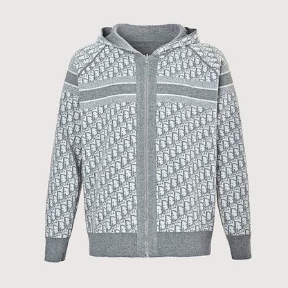 Dior Oblique Reversible Hooded Zip Jacket in Grey Cashmere Knit