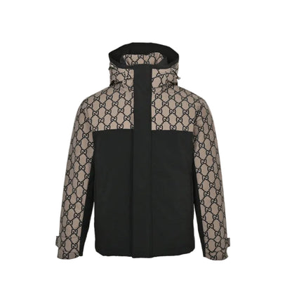Gucci Beige GG Monogram Jacquard Black Colorblock Full-Zip Hooded Windbreaker Jacket