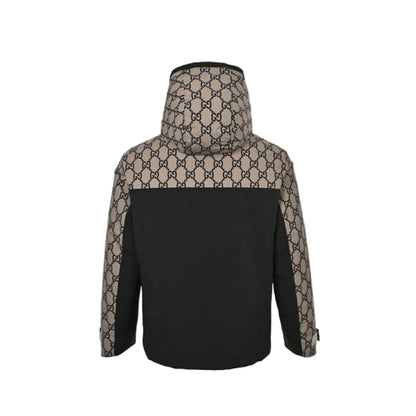 Gucci Beige GG Monogram Jacquard Black Colorblock Full-Zip Hooded Windbreaker Jacket