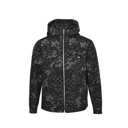 Gucci Black GG Monogram Camo Floral Jacquard Full-Zip Hooded Field Jacket