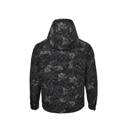 Gucci Black GG Monogram Camo Floral Jacquard Full-Zip Hooded Field Jacket