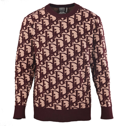 Dior Oblique All-Over Jacquard Knit Crew-Neck Sweater in Bordeaux & Blush