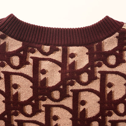 Dior Oblique All-Over Jacquard Knit Crew-Neck Sweater in Bordeaux & Blush