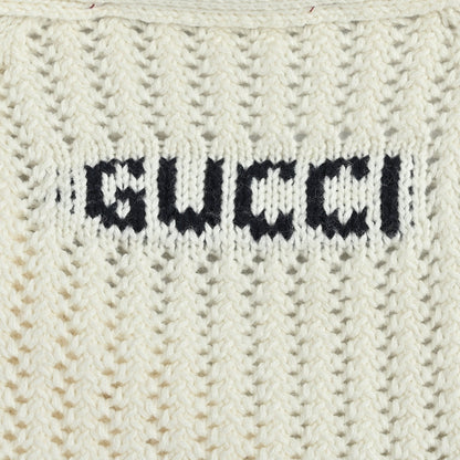 Gucci Ivory Open-Knit V-Neck Button Cardigan with Stripe Trim