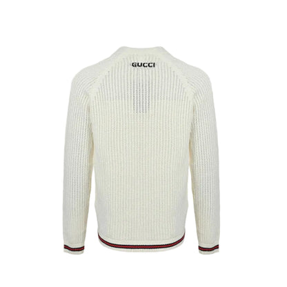 Gucci Ivory Open-Knit V-Neck Button Cardigan with Stripe Trim