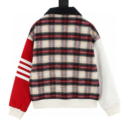 THOM BROWNE Four-Bar Plaid Patchwork Baseball Jacket