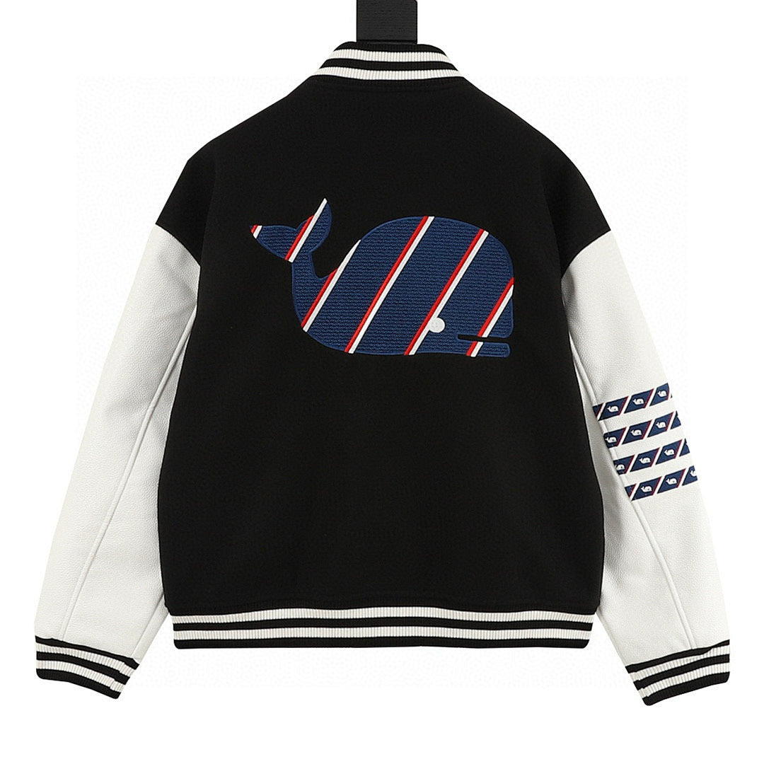 THOM BROWNE Four-Bar Multi-Embroidery Baseball Jacket