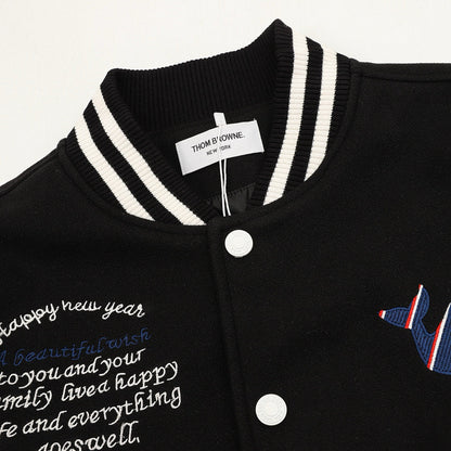 THOM BROWNE Four-Bar Multi-Embroidery Baseball Jacket
