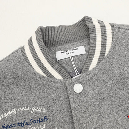 THOM BROWNE Four-Bar Multi-Embroidery Baseball Jacket