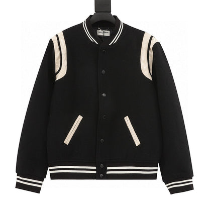 SAINT LAURENT PARIS Classic Leather-Trim Baseball Collar Jacket