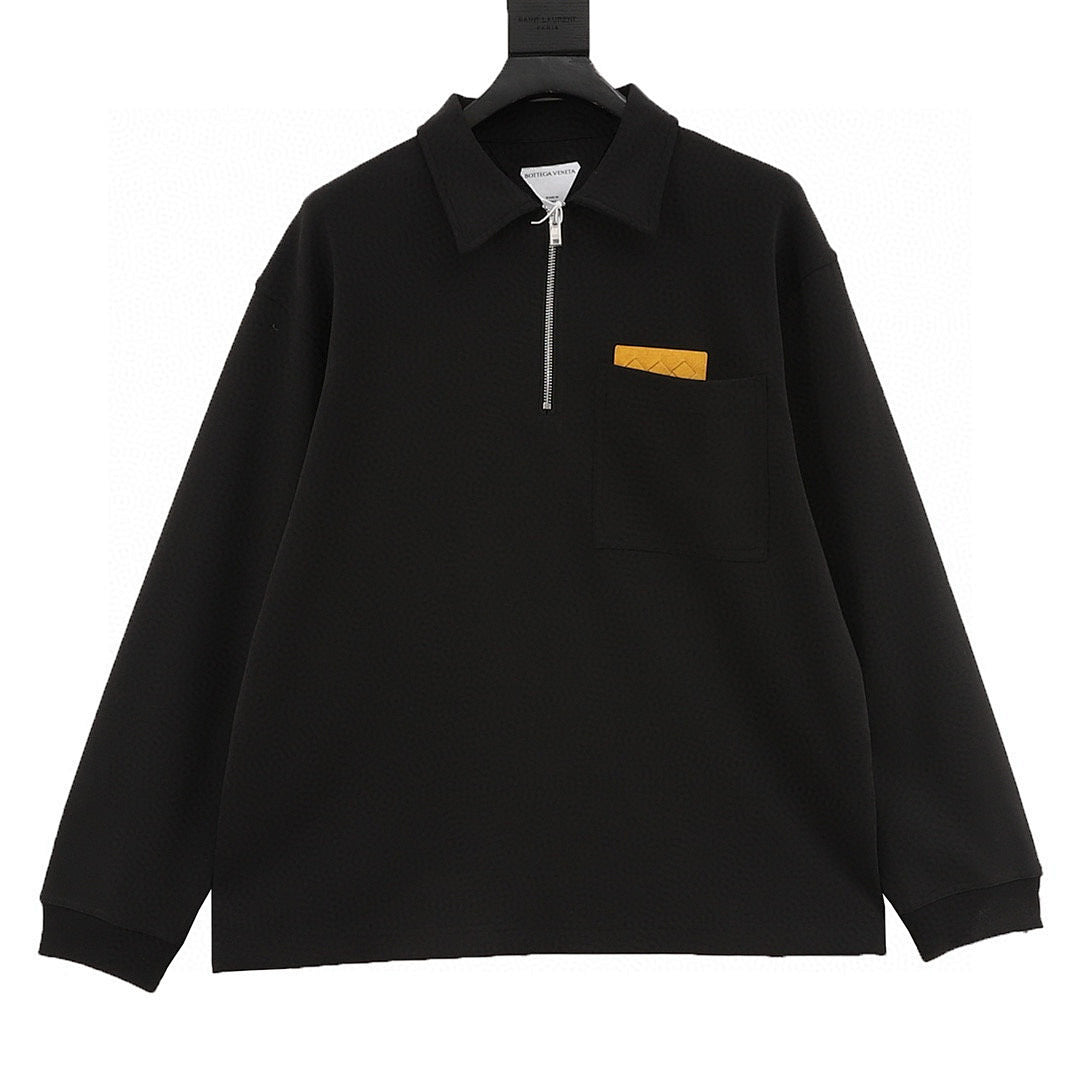Bottega Veneta Solid-Color Half-Zip Long-Sleeve Top with Woven Chest Pocket