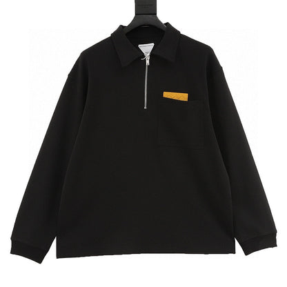 Bottega Veneta Solid-Color Half-Zip Long-Sleeve Top with Woven Chest Pocket