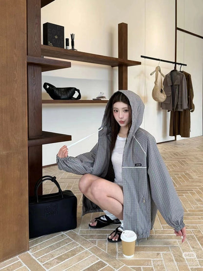 Miu Miu Micro Check Hooded Windbreaker Grey