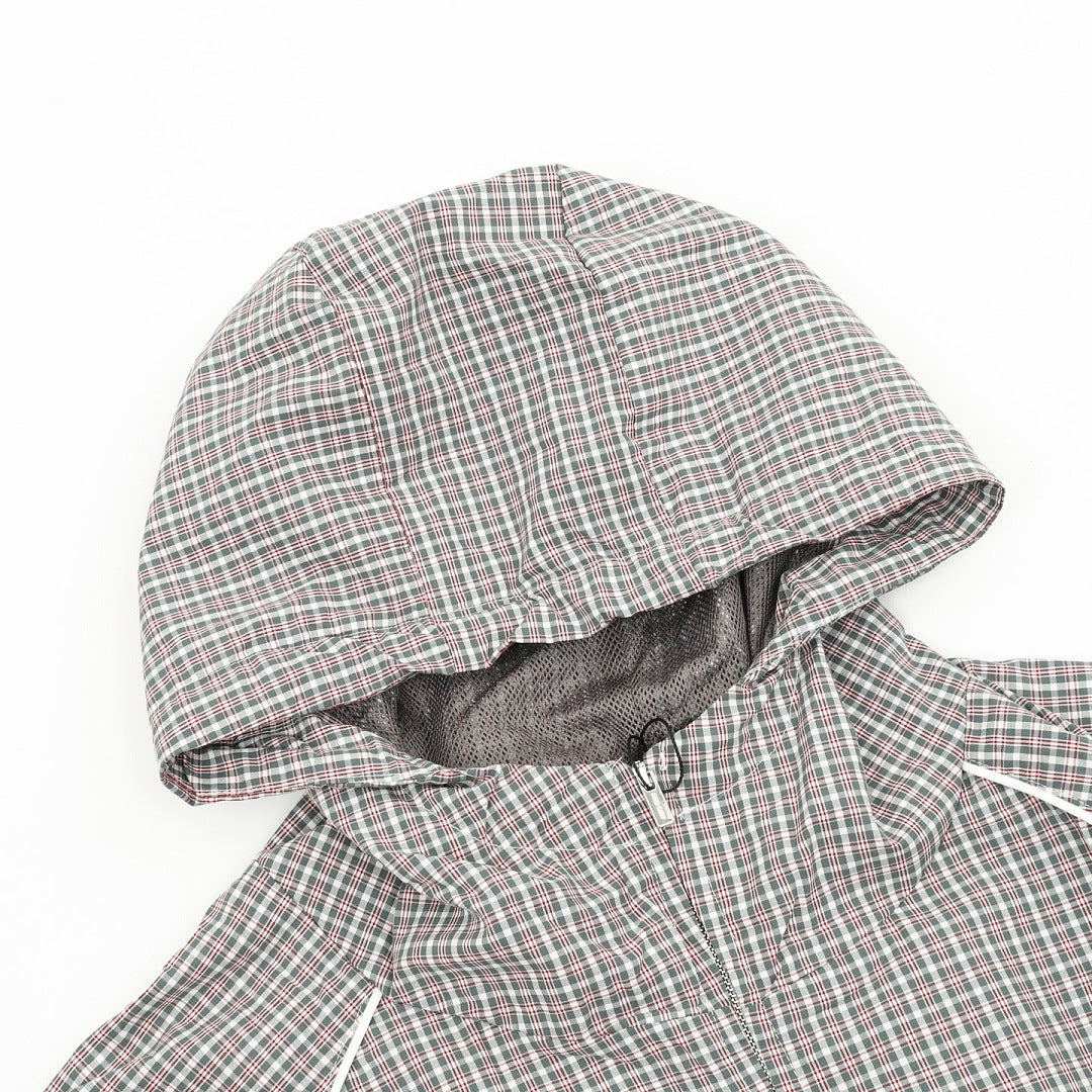 Miu Miu Micro Check Hooded Windbreaker Grey