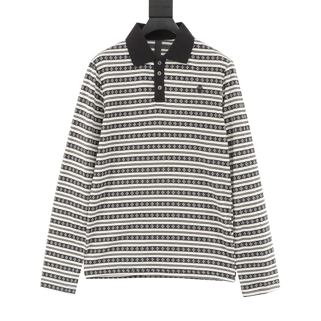 Chrome Hearts Cross Stripe Long-Sleeve Polo Shirt — Black & White