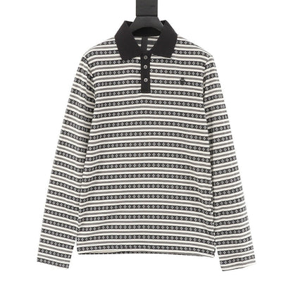 Chrome Hearts Cross Stripe Long-Sleeve Polo Shirt — Black & White
