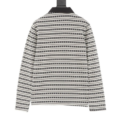 Chrome Hearts Cross Stripe Long-Sleeve Polo Shirt — Black & White