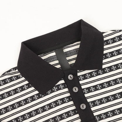 Chrome Hearts Cross Stripe Long-Sleeve Polo Shirt — Black & White