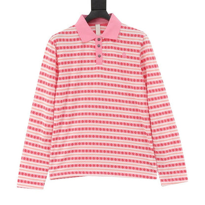 Chrome Hearts Cross Stripe Long-Sleeve Polo Shirt —Pink