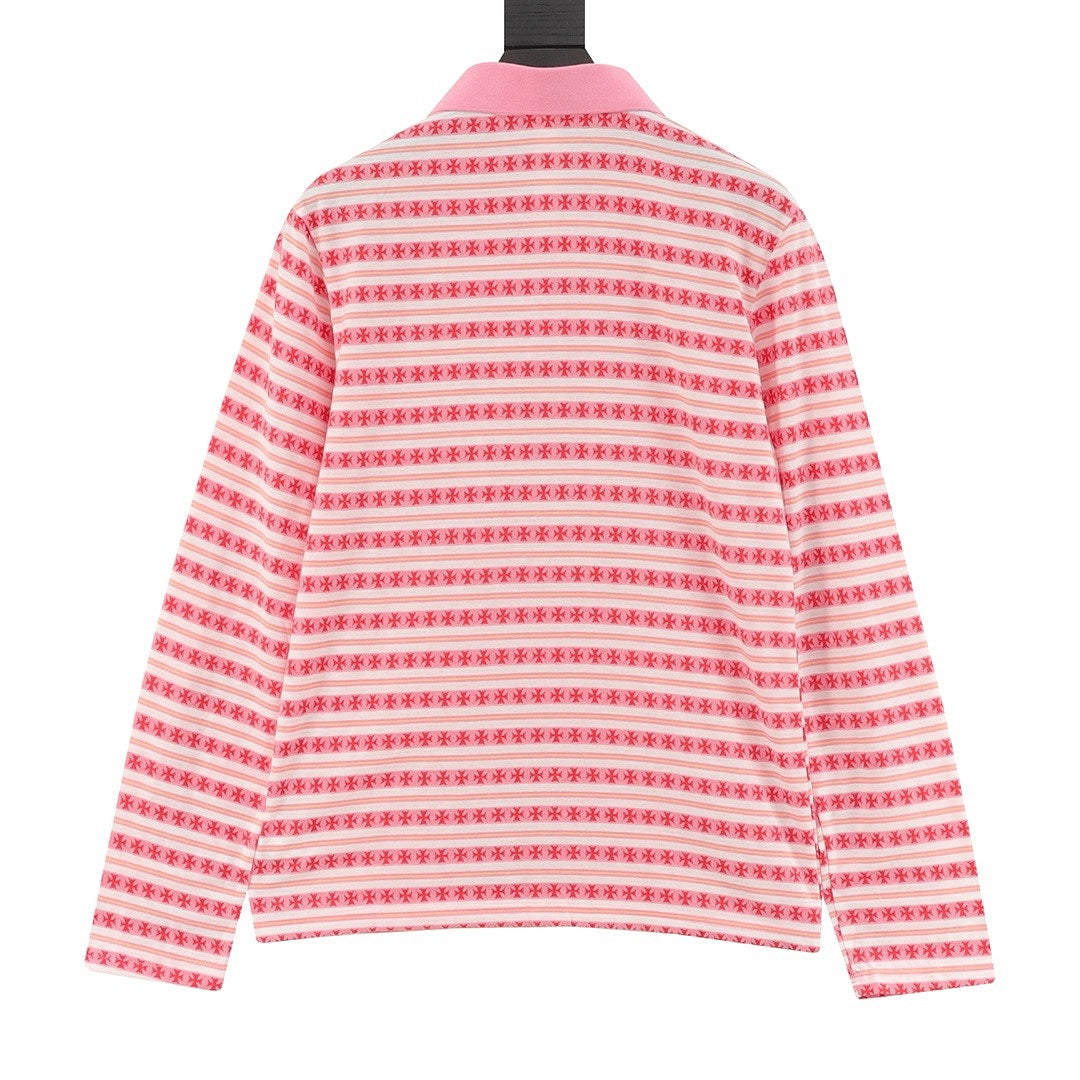 Chrome Hearts Cross Stripe Long-Sleeve Polo Shirt —Pink