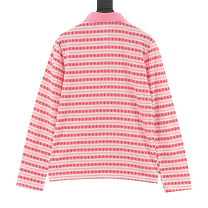 Chrome Hearts Cross Stripe Long-Sleeve Polo Shirt —Pink