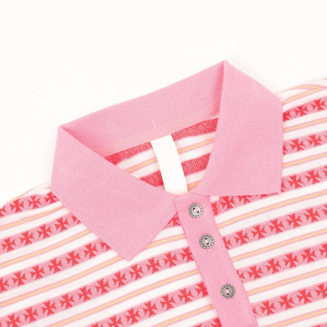 Chrome Hearts Cross Stripe Long-Sleeve Polo Shirt —Pink