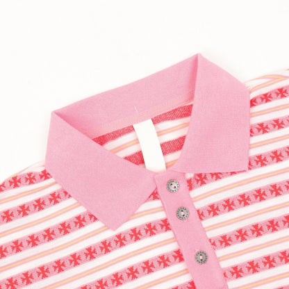 Chrome Hearts Cross Stripe Long-Sleeve Polo Shirt —Pink