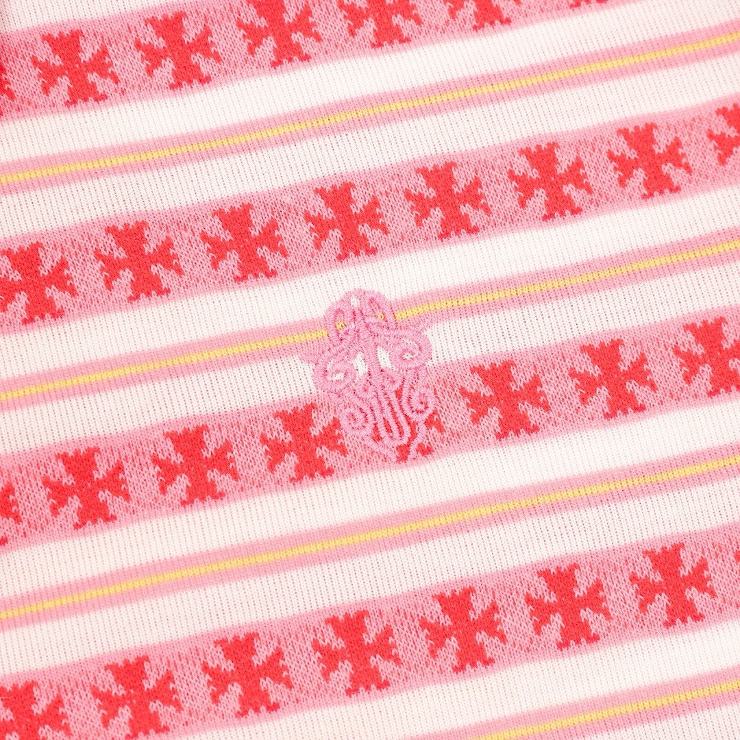 Chrome Hearts Cross Stripe Long-Sleeve Polo Shirt —Pink