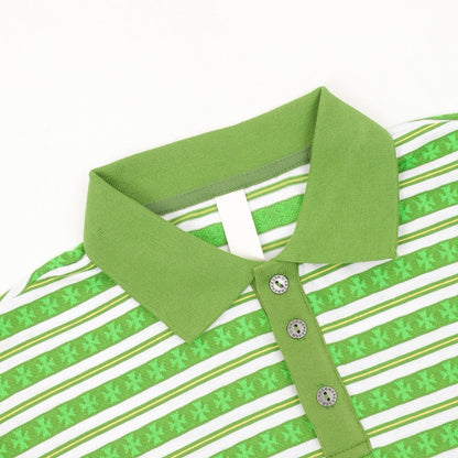 Chrome Hearts Cross Stripe Long-Sleeve Polo Shirt — Green
