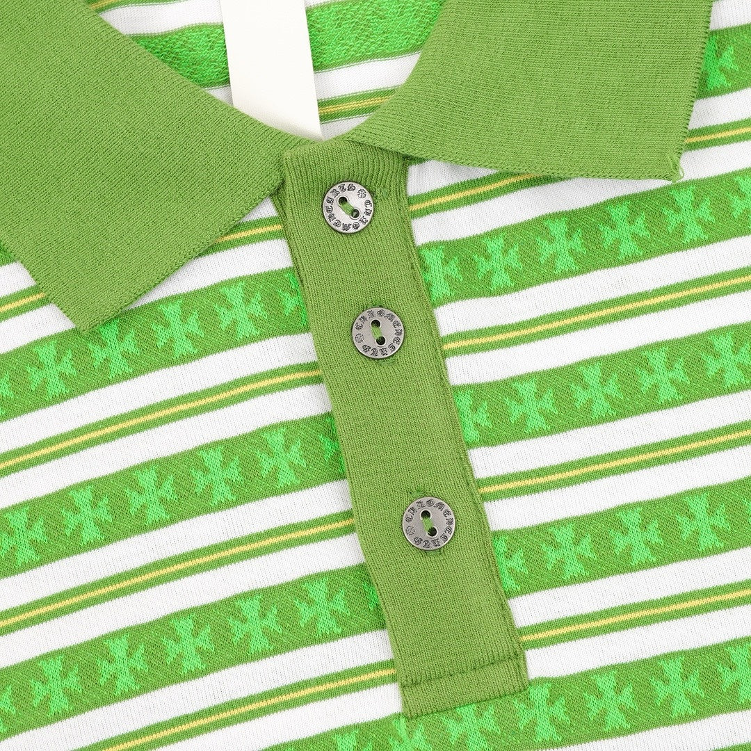 Chrome Hearts Cross Stripe Long-Sleeve Polo Shirt — Green