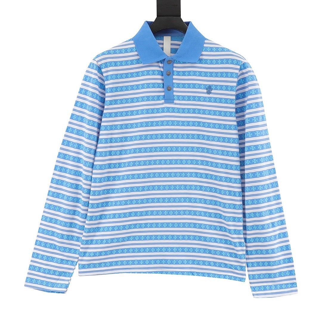 Chrome Hearts Cross Stripe Long-Sleeve Polo Shirt — Blue